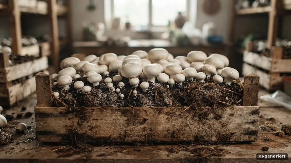 Weiße Champignons wachsen aus einer Kiste mit Substrat