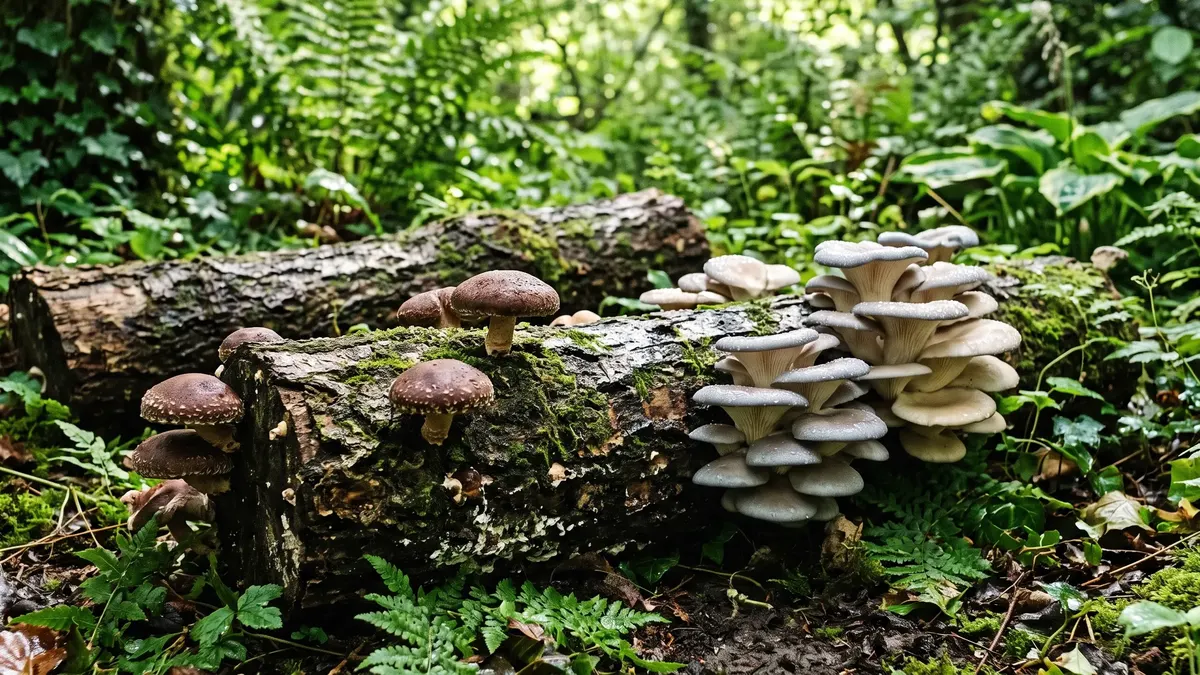 Weiße und braune Champignons wachsen aus Deckerde in einer Kulturkiste im Keller
