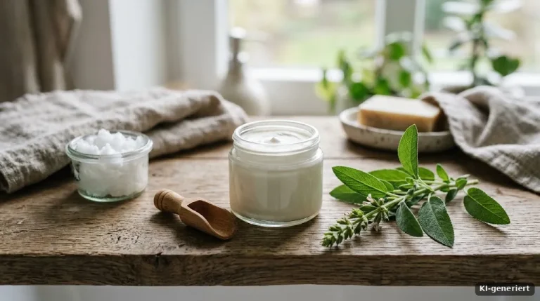 Kleiner Glastiegel mit cremigem weißem Deo, daneben Kokosöl und ein Salbeizweig