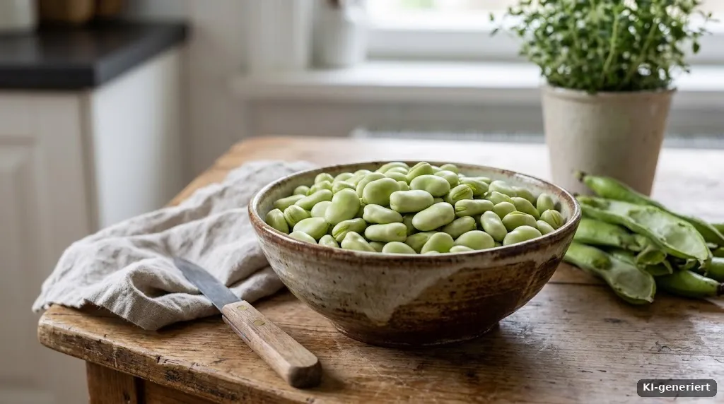 Ausgepalte dicke Bohnen in einer Schüssel