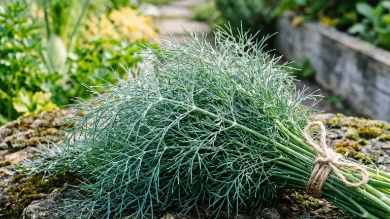 Junger Dill mit fein gefiederten Blättern und gelben Blütendolden im Gemüsebeet