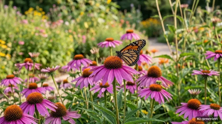 Purpur-Sonnenhut in voller Blüte mit einem Schmetterling