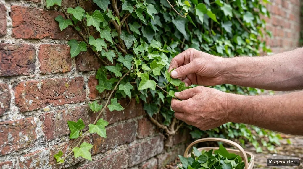 Hände zupfen Efeublätter von einer Ranke an einer alten Backsteinmauer