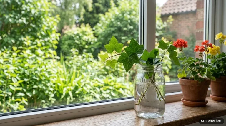 Frische Efeublätter in einem Einmachglas mit Wasser auf einer Fensterbank, grüner Garten im Hintergrund