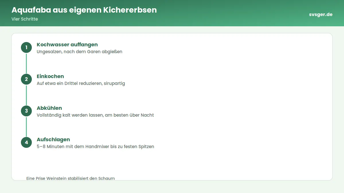 Ablaufgrafik: Aquafaba aus eigenen Kichererbsen – Vier Schritte