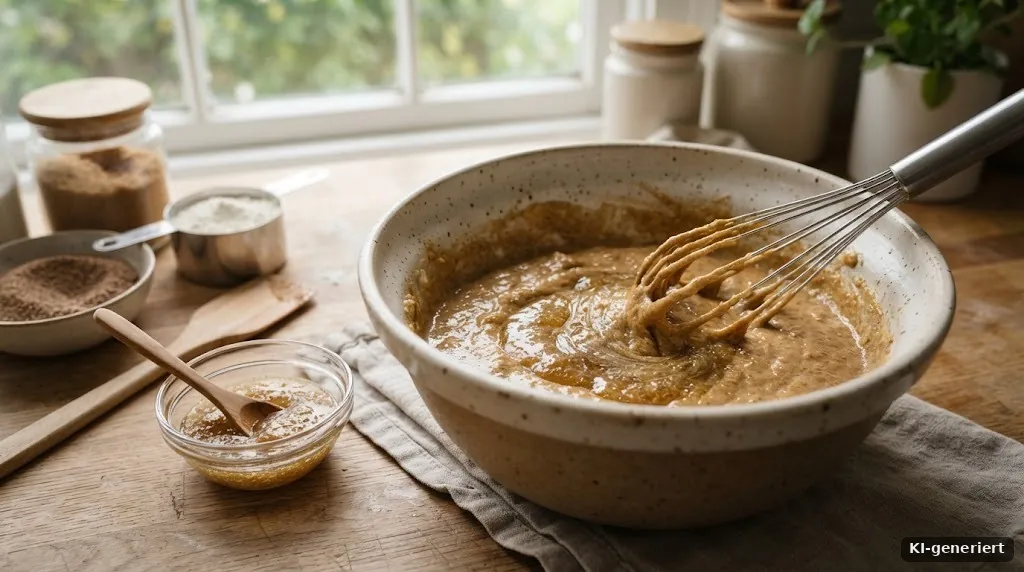 Kuchenteig in einer Rührschüssel mit Leinsamengel