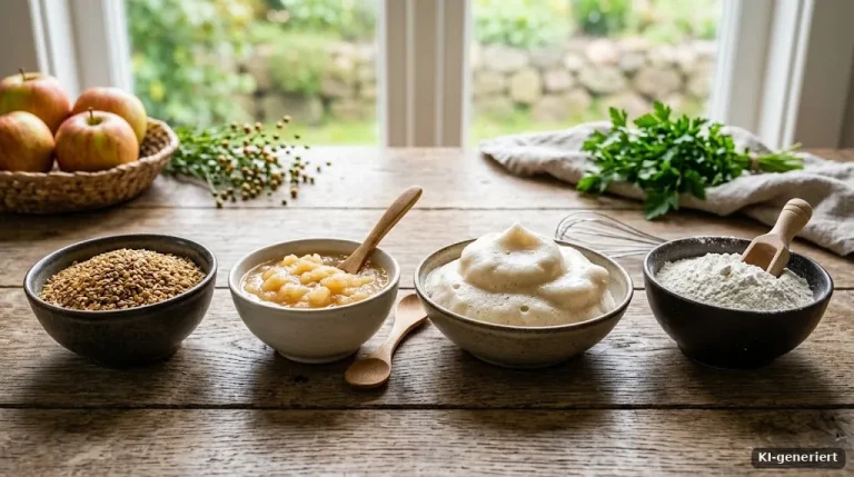 Schalen mit geschroteten Leinsamen, Apfelmus und aufgeschlagener Aquafaba neben Mehl