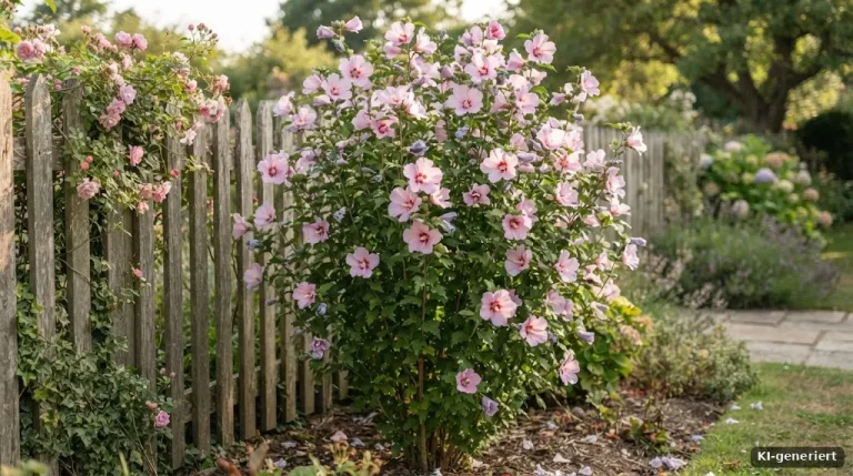 Hohe Eibischstaude mit zartrosa Blüten am Gartenzaun
