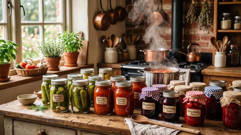 Eingekochte Pflaumen, Apfelmus und Tomaten in Weckgläsern auf einem Küchentisch