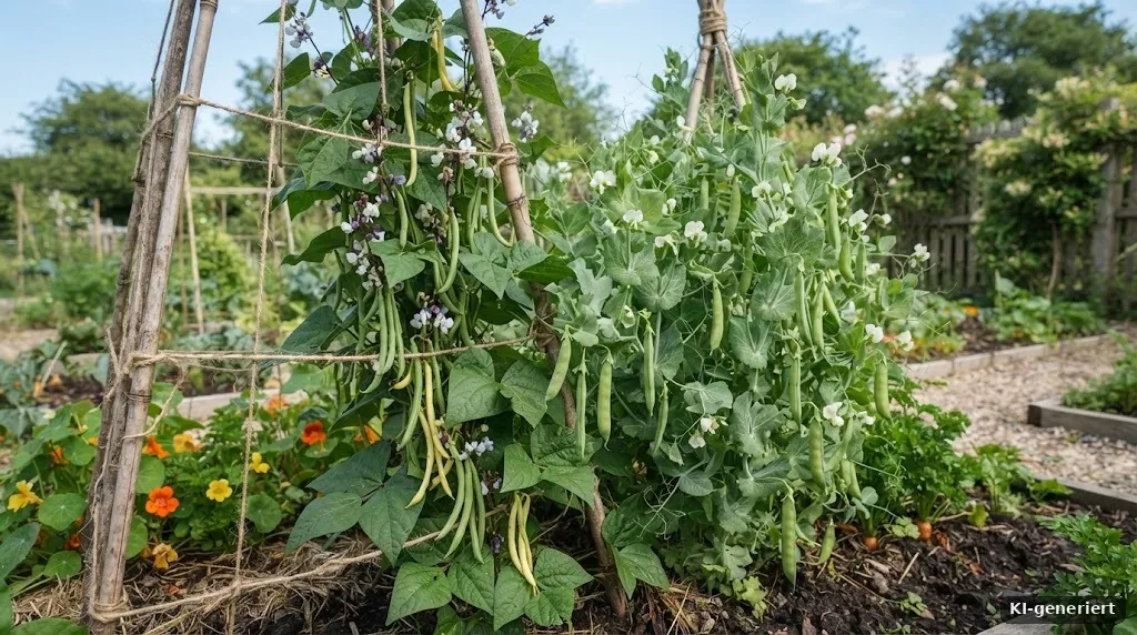 Erbsen und Bohnen an Rankhilfen im Gemüsegarten