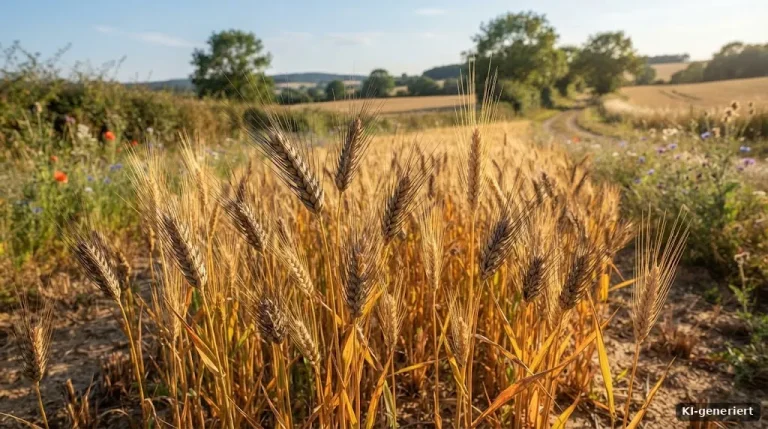 Emmer- und Einkornähren mit langen Grannen auf einem kleinen Feld