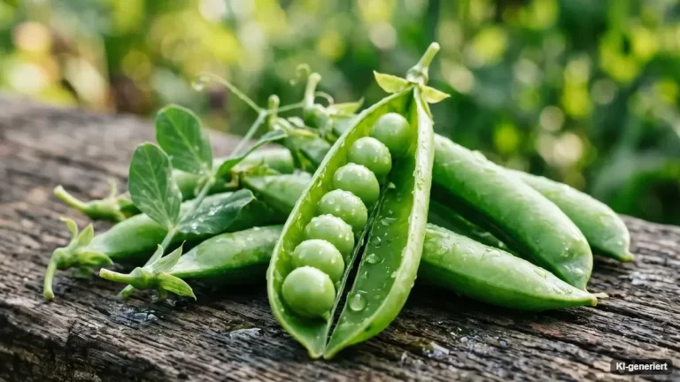 Erbsenpflanzen mit prallen grünen Hülsen an einem Rankgitter