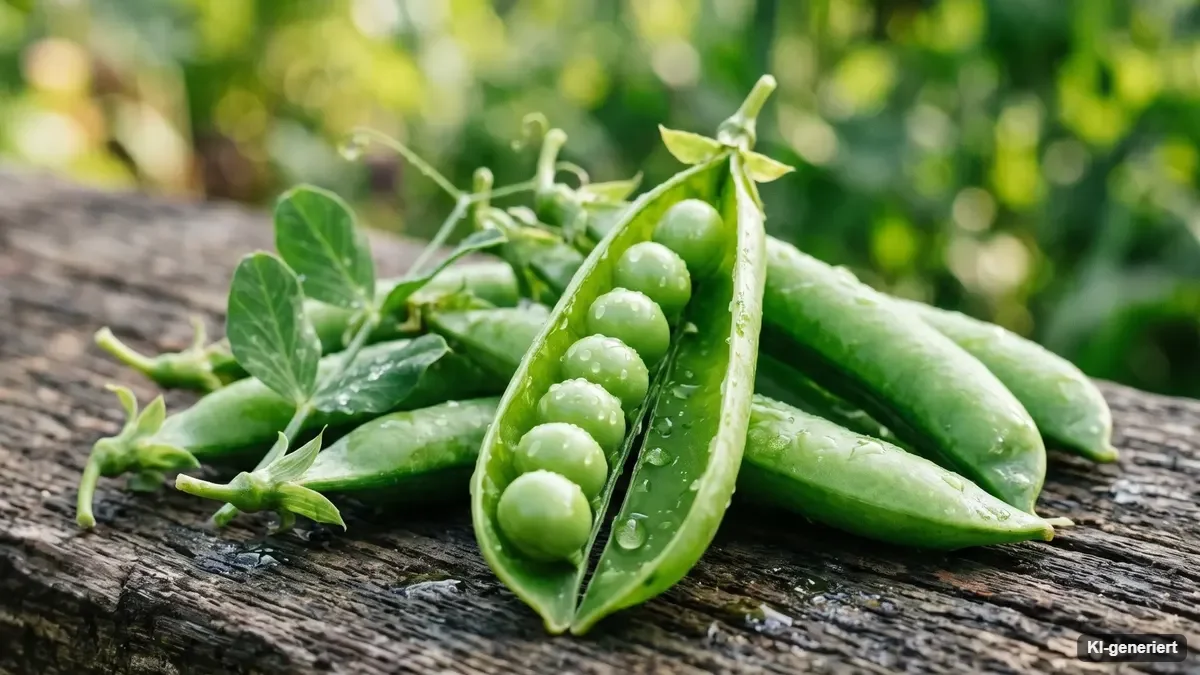 Erbsenpflanzen mit prallen grünen Hülsen an einem Rankgitter