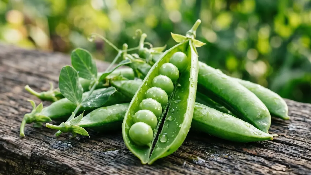Erbsenpflanzen mit prallen grünen Hülsen an einem Rankgitter