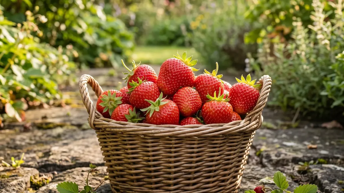 Junge Erdbeerpflanzen mit reifen Früchten auf einem mit Stroh gemulchten Gartenbeet