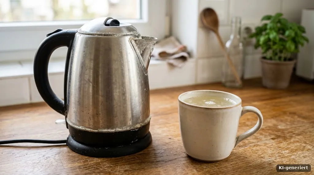 Wasserkocher mit Kalkrand neben einer Tasse Essigwasser