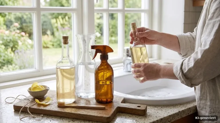 Glasflasche mit Tafelessig und eine Karaffe mit Wasser auf einer Holzarbeitsplatte, dazu eine Sprühflasche