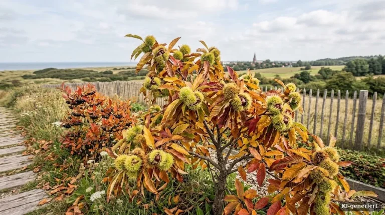 Esskastanienbaum mit stacheligen Fruchtbechern im Herbst