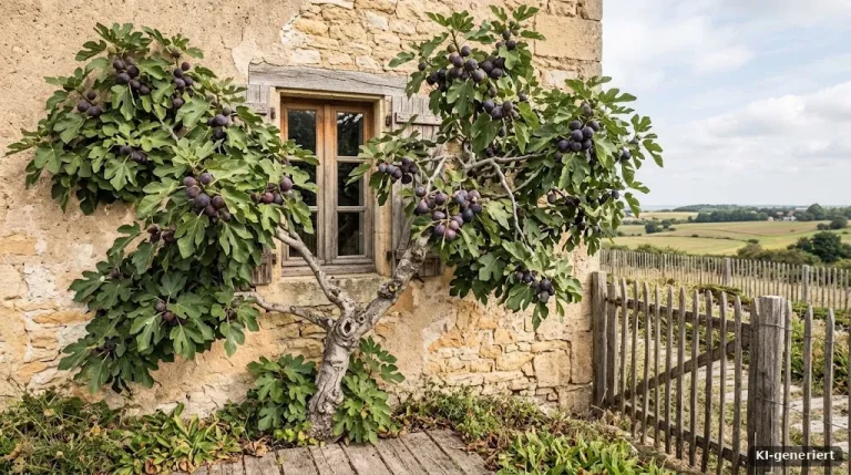 Feigenbaum mit reifen violetten Feigen an einer sonnigen Hauswand