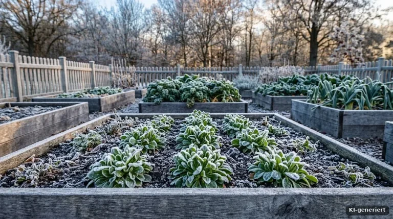 Feldsalatrosetten mit Raureif im Winterbeet