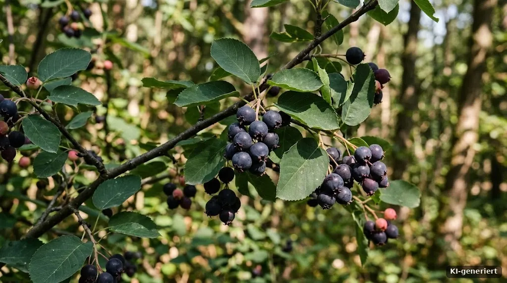 Dunkle Felsenbirnenbeeren an einem Zweig