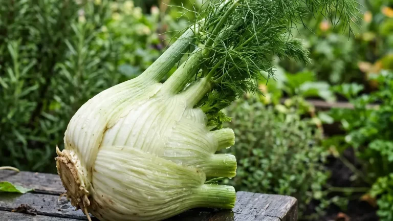 Weiße Knollenfenchel mit feinem grünem Laub in einer Beetreihe