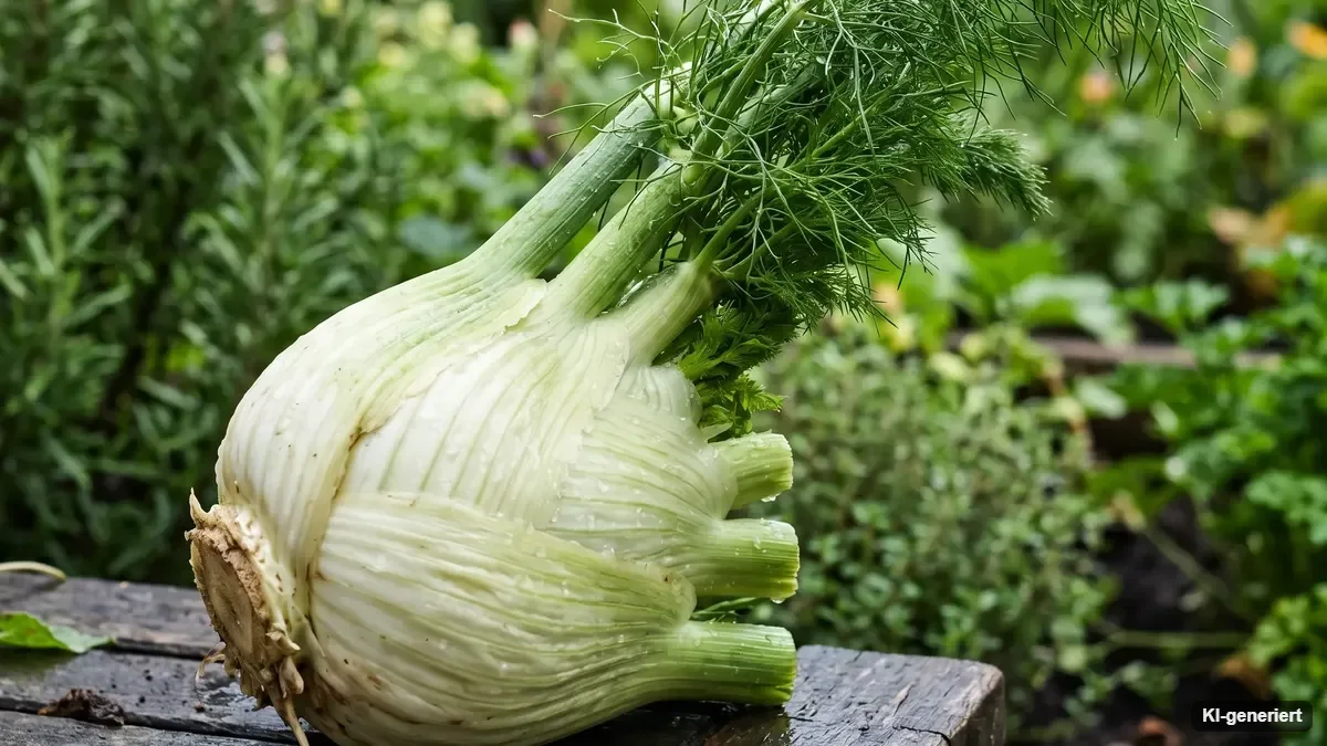 Weiße Knollenfenchel mit feinem grünem Laub in einer Beetreihe