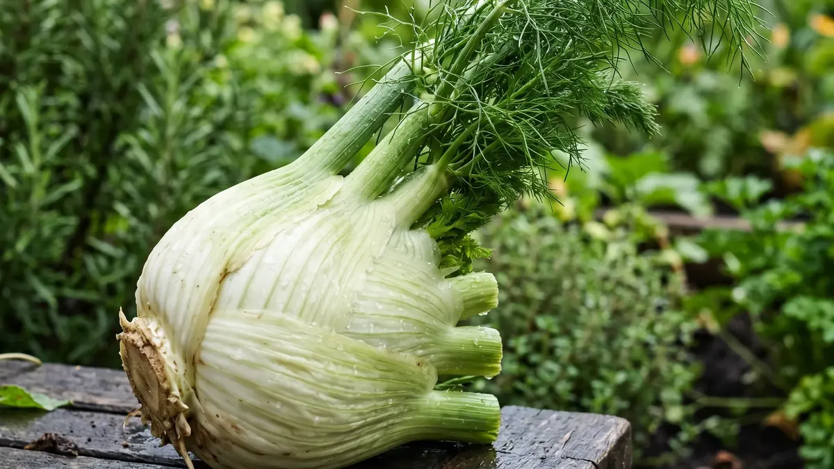 Weiße Knollenfenchel mit feinem grünem Laub in einer Beetreihe