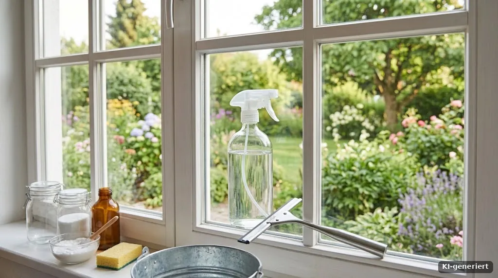 Glassprühflasche mit klarer Flüssigkeit auf einer Fensterbank neben einem Abzieher