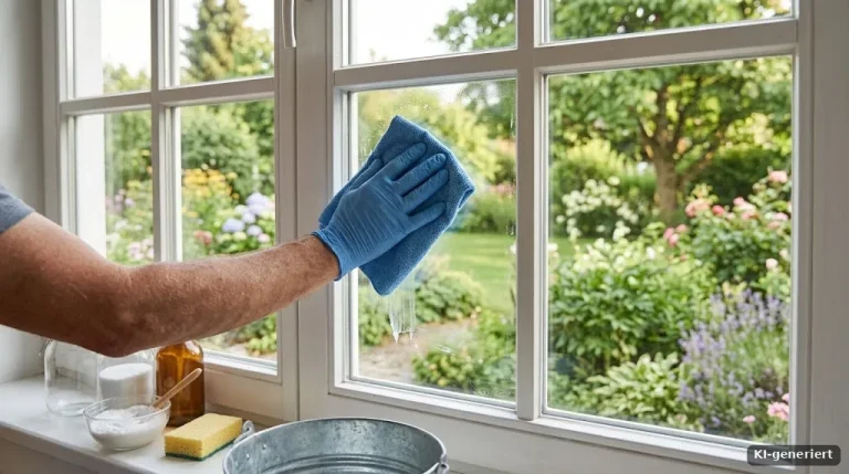 Hand wischt mit einem Mikrofasertuch ein Sprossenfenster, Blick in einen grünen Garten
