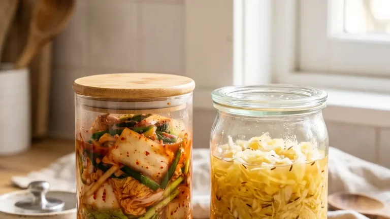 Gläser mit selbst fermentiertem Sauerkraut, Kimchi und Salzgurken auf einem Holztisch