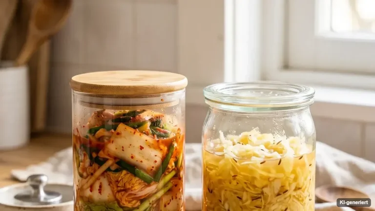 Gläser mit selbst fermentiertem Sauerkraut, Kimchi und Salzgurken auf einem Holztisch