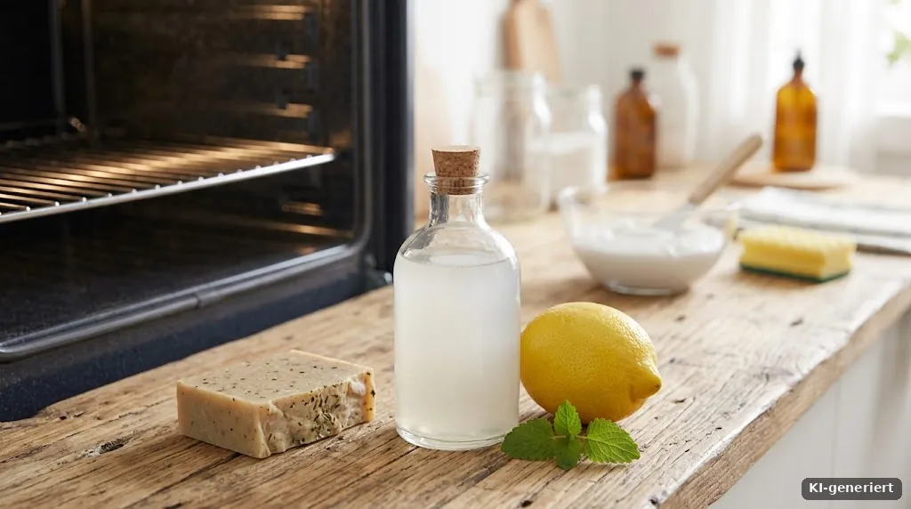 Kleine Glasflasche mit selbst gemachtem Fettlöser neben einem Stück Seife und einer Zitrone