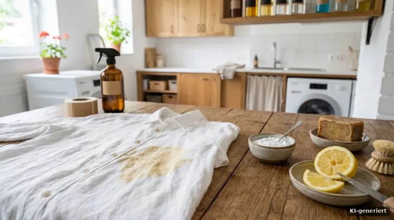 Weißes Leinenhemd auf einem Holztisch mit einem Fleck, daneben Schälchen mit Natron, Zitrone und ein Stück Kernseife