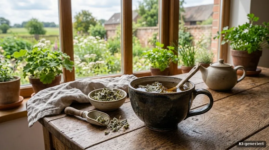 Getrocknetes Frauenmantelkraut in einer Teetasse