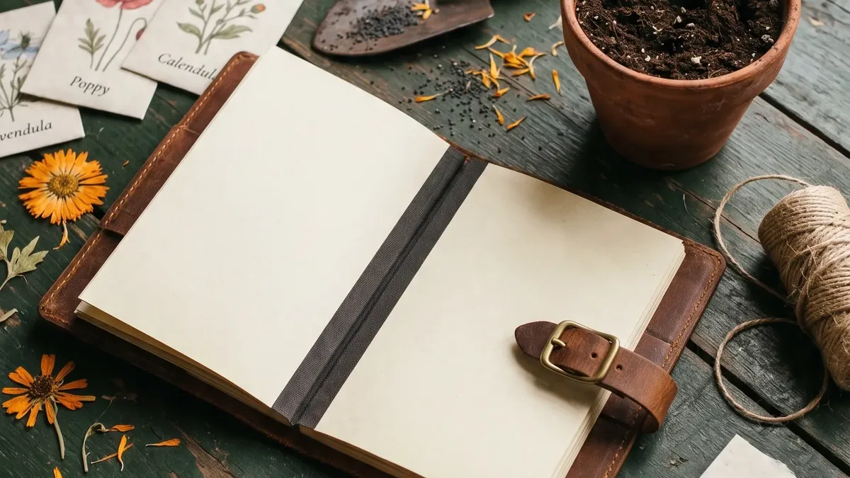 Gartenplanung mit Notizbuch, Saatguttüten und Pflanztopf