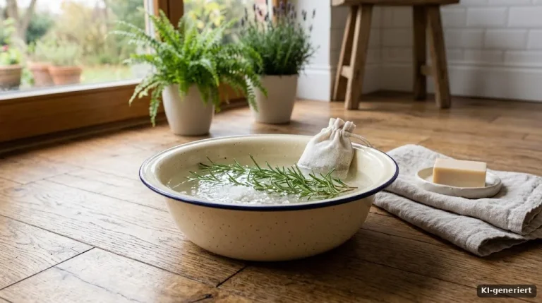 Emailleschüssel mit warmem Wasser, Salz und Rosmarinzweigen auf Holzdielen, ein Handtuch daneben