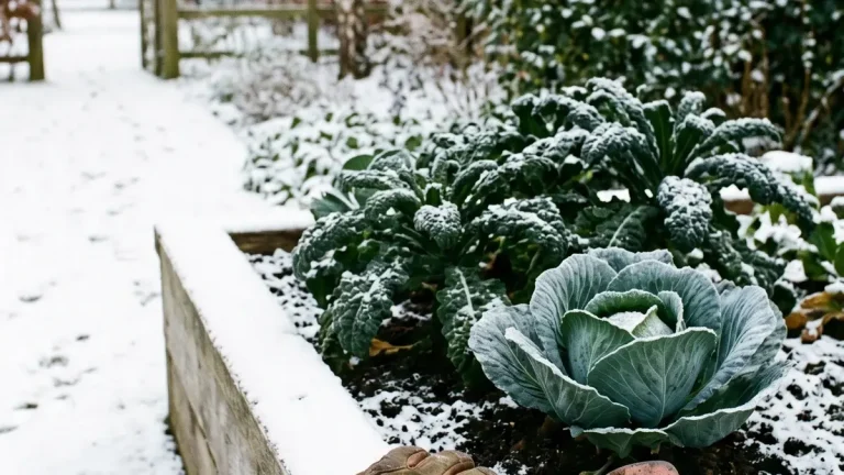 Gemulchtes Gemüsebeet mit Grünkohl und Raureif im Winter