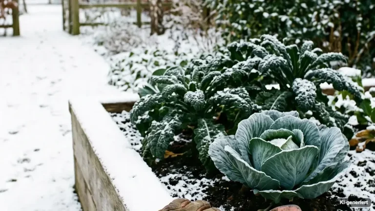 Gemulchtes Gemüsebeet mit Grünkohl und Raureif im Winter
