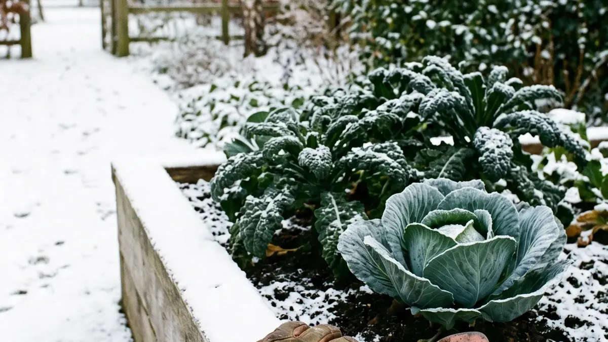 Gemulchtes Gemüsebeet mit Grünkohl und Raureif im Winter
