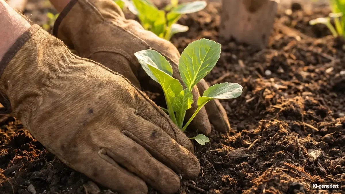 Frisch angelegtes Gemüsebeet mit Holzeinfassung, Mulchweg und ersten Salatpflanzen