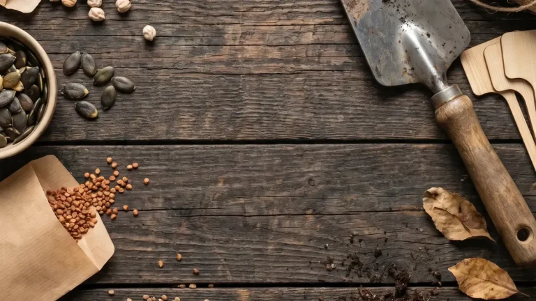 Saatguttüten, Samenschalen und Notizzettel mit Anbauplan auf einem Holztisch im Frühjahr