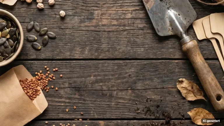 Saatguttüten, Samenschalen und Notizzettel mit Anbauplan auf einem Holztisch im Frühjahr