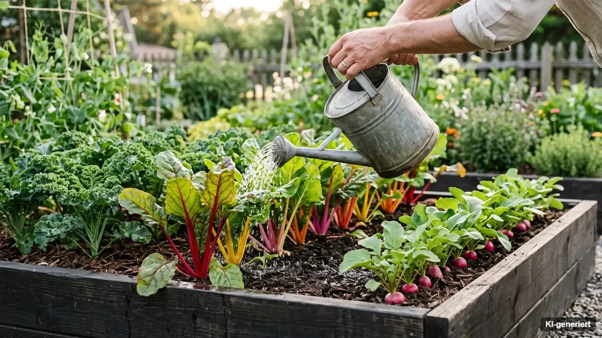 Vielfältige Gemüseernte mit Tomaten, Kohl, Möhren, Bohnen und Kürbis auf einem Holztisch