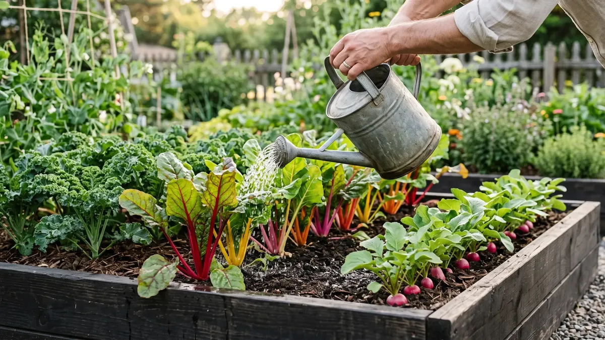 Vielfältige Gemüseernte mit Tomaten, Kohl, Möhren, Bohnen und Kürbis auf einem Holztisch