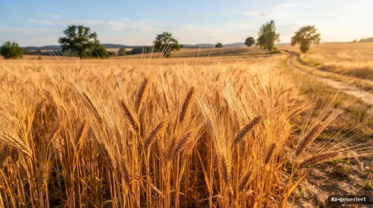 Reife Gerste mit langen Grannen im Abendlicht