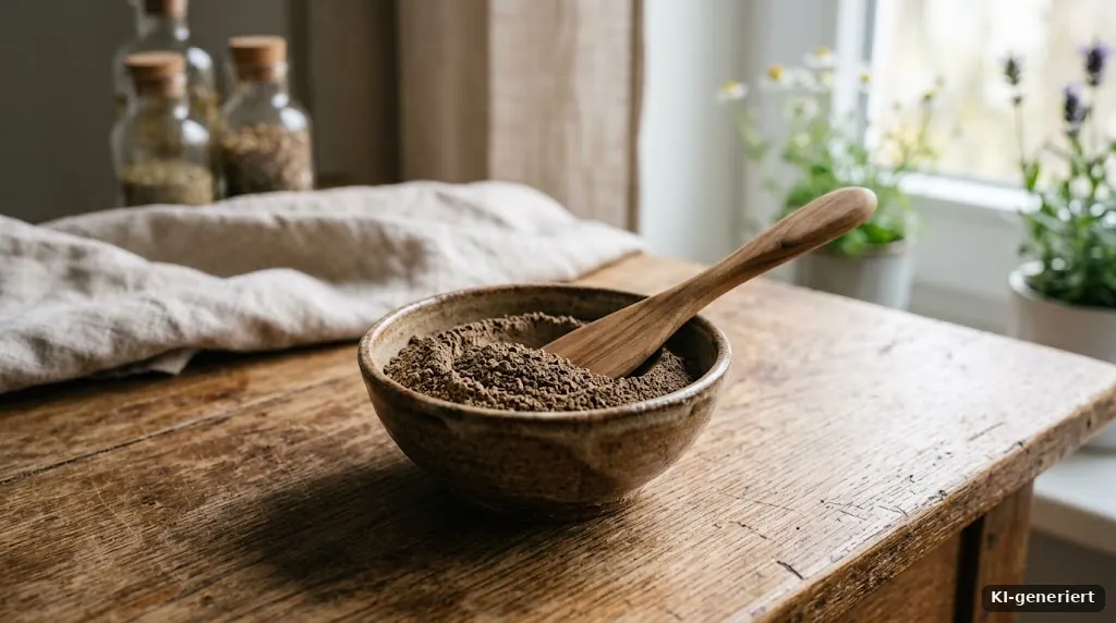 Heilerde in einer kleinen Keramikschale mit Holzspatel