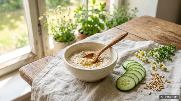 Schale mit Haferflocken-Quark-Maske, Honiglöffel und Gurkenscheiben auf einem hellen Tuch
