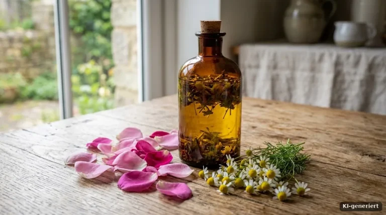 Braune Glasflasche mit Kräuteraufguss, frische Rosenblätter und Kamillenblüten daneben