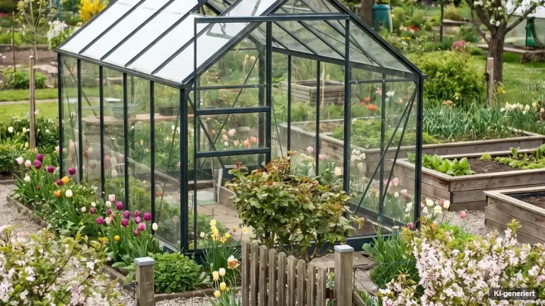 Gewächshaus mit Tomaten und Gurken im Selbstversorger-Garten
